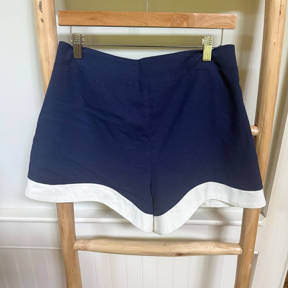 Aureum Navy Blue Linen Blend Scalloped Hem Shorts Womens Medium Nautical